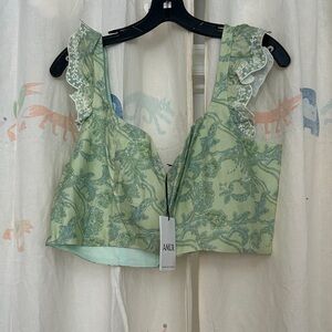 AMUR Mint Green Floral Embroidered Trim Crop Top XL